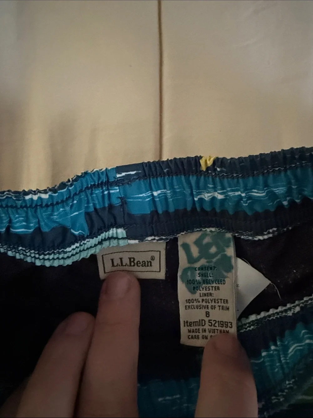 L.L. Bean Boys' Striped Shark Swim Trunks in Navy, Teal, Yellow, Green